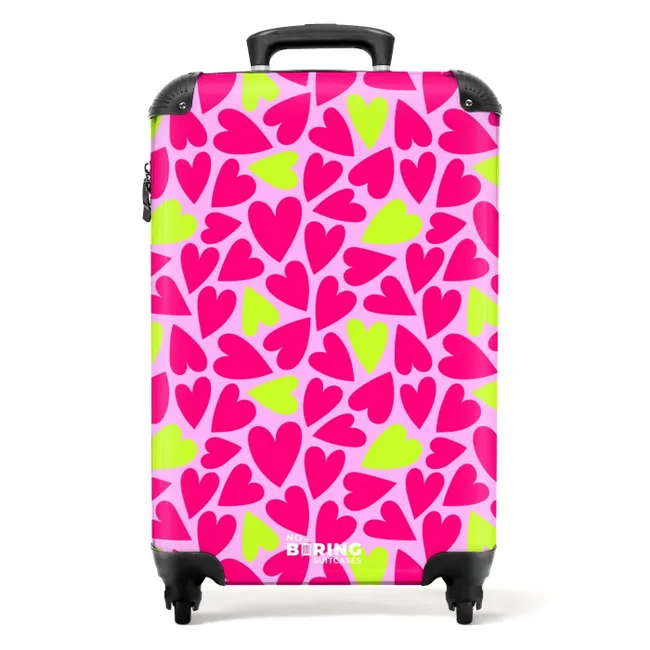 Suitcase - Pink and lime green hearts on light pink background
