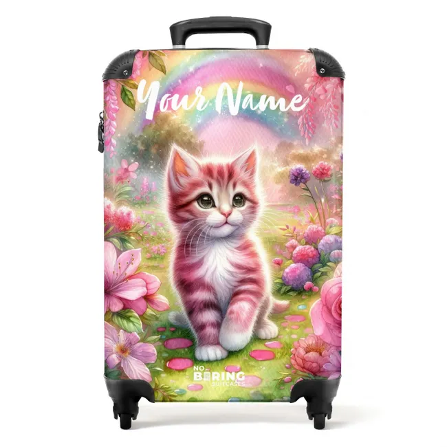 Suitcase with name – Pink rainbow kitten
