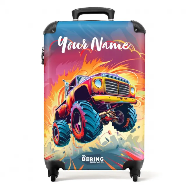 Suitcase with name – Pink Monster Truck Flies Over the Tarmac