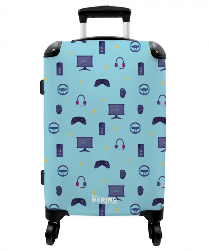 Gamer patroon met spelaccessoires op blauw NBS - Medium koffer - Kinderen Unisex middel -3d
