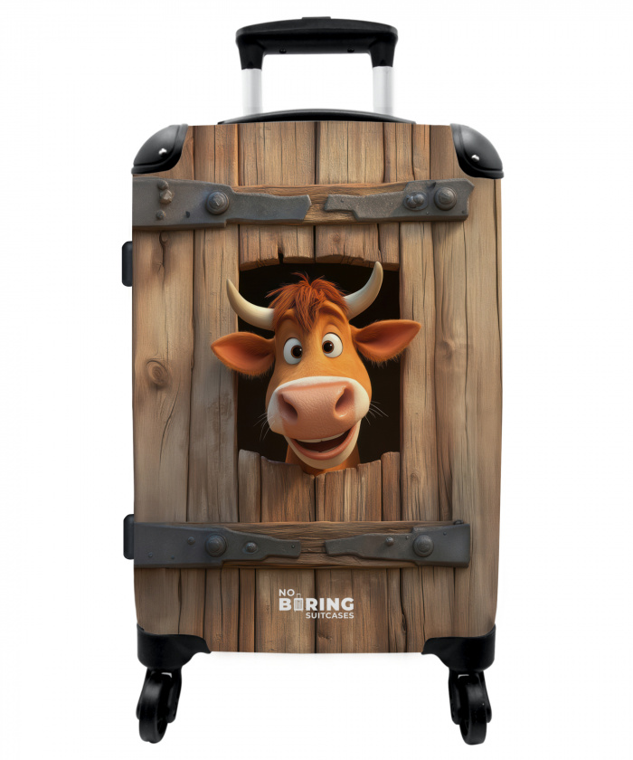 Bruine stier steekt hoofd door houten deur NBS - Medium koffer - Kinderen Unisex middel -3d