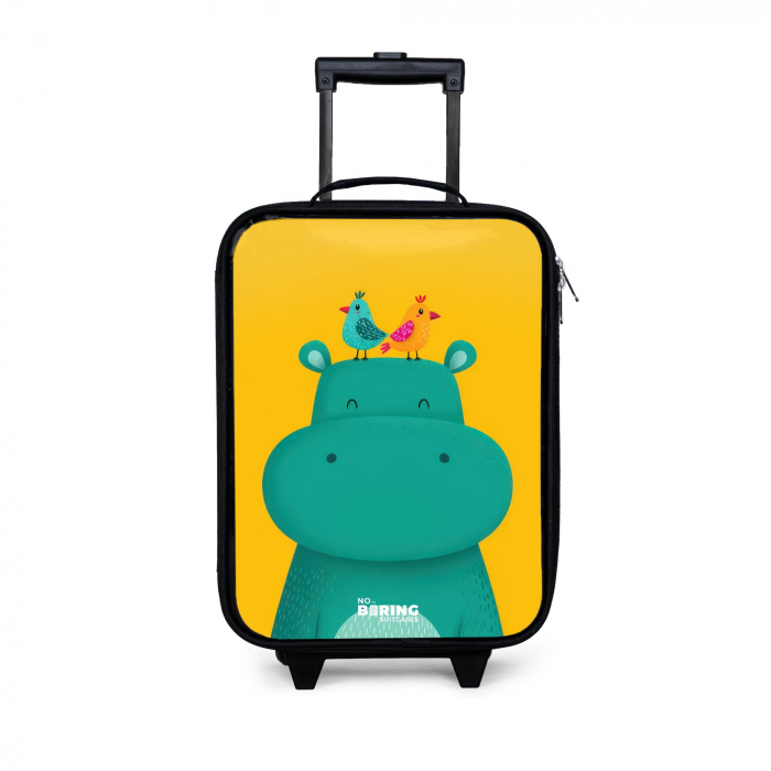 Blauw nijlpaard op een gele achtergrond Kinderkoffer - Zwart klein -3d