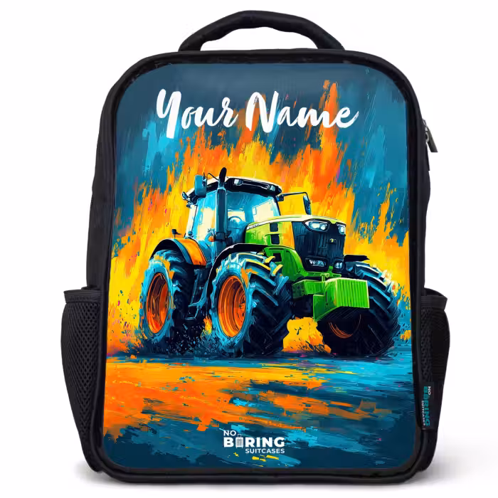 Kids backpack with name - Black - Abstract - Tractor - Groen