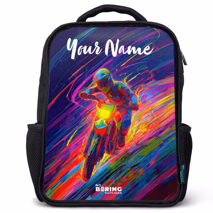 Kids backpack with name - Black - Cross bike - Neon colors - Lines - Helmet