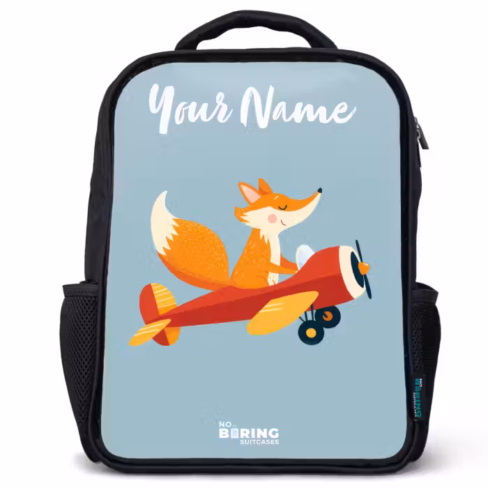 Kids backpack with name - Black - Fox - Airplane - Flies