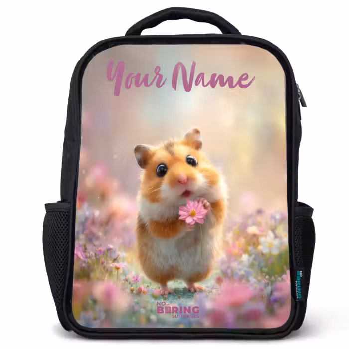 Kids backpack with name - Black - Hamster - Flower - Nature - Animal