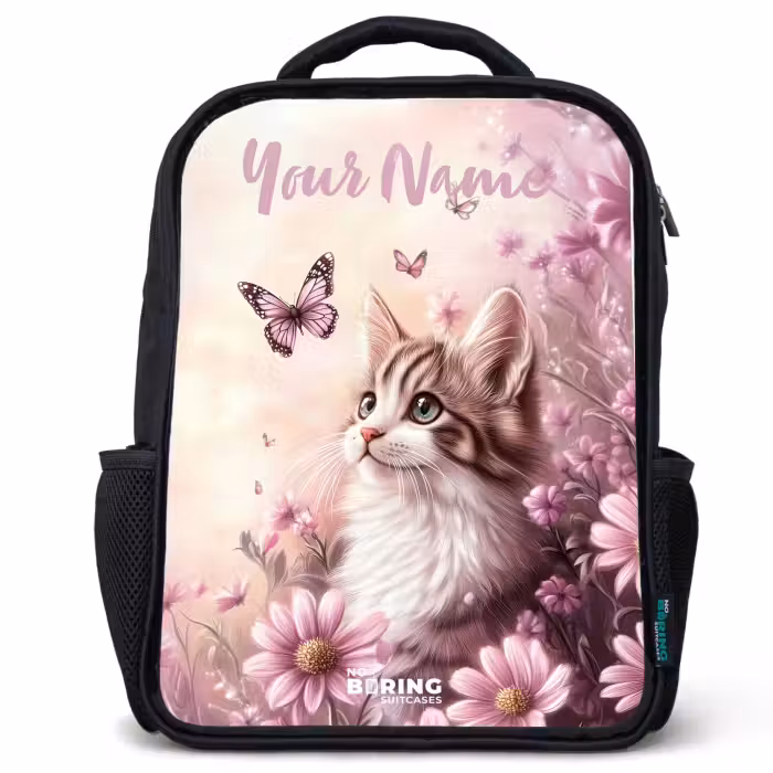 Kids backpack with name - Black - Kitten - Butterflies - Purple - Flowers