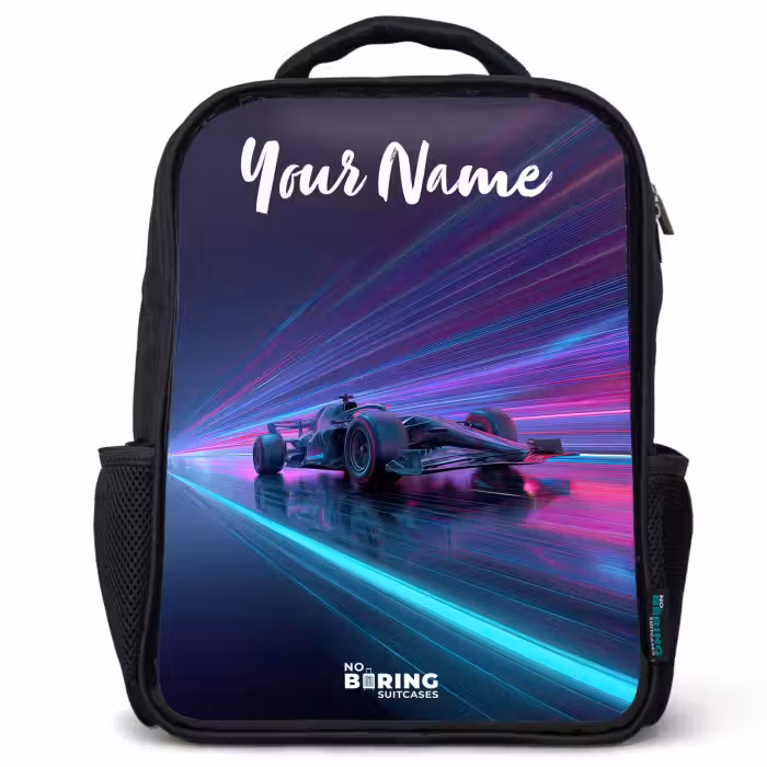 Kids backpack with name - Black - Light beams - Neon - Racing car - Purple