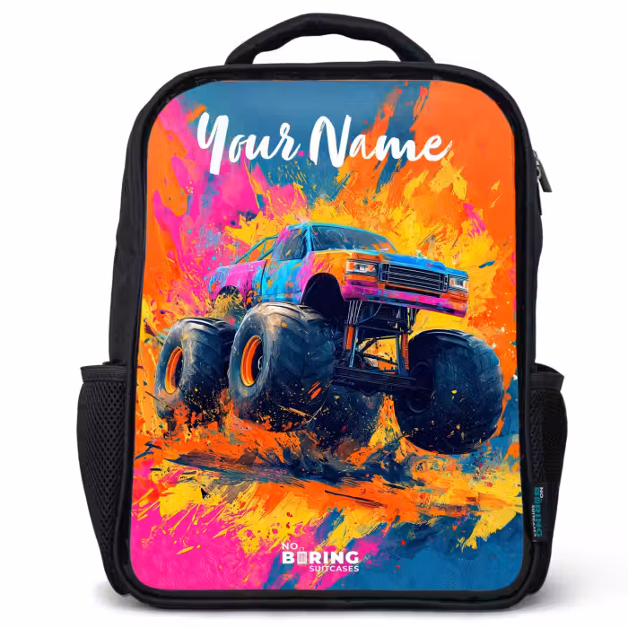 Kids backpack with name - Black - Monster truck - Abstract - Paint splatters - Colorful