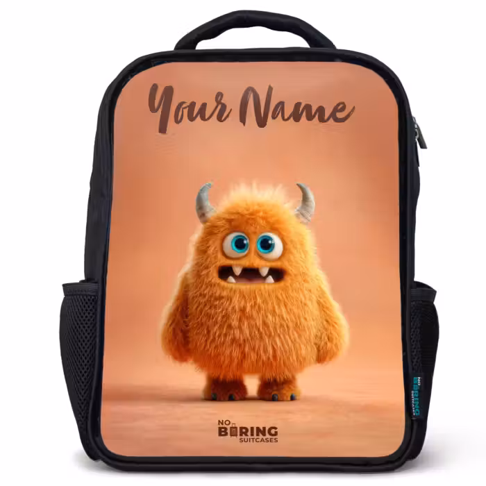 Kids backpack with name - Black - Orange Fluffy Monster with Horns