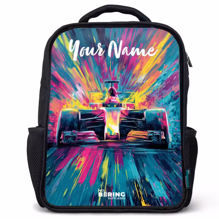 Kids backpack with name - Black - Race car - Abstract - Stripes - Blue