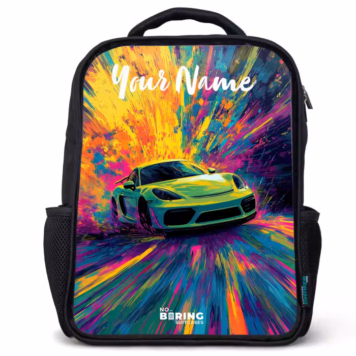 Kids backpack with name - Black - Sports car - Green - Paint stripes - Colors