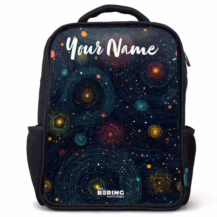 Kids backpack with name - Black - Stars - Planets - Colorful