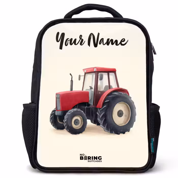 Kids backpack with name - Black - Tractor - Signed - Red