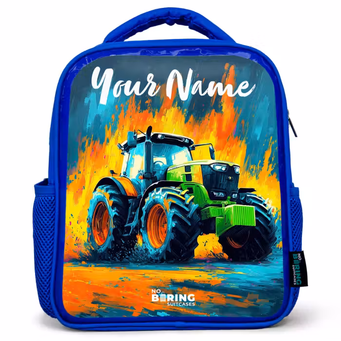 Kids backpack with name - Blue - Abstract - Tractor - Green