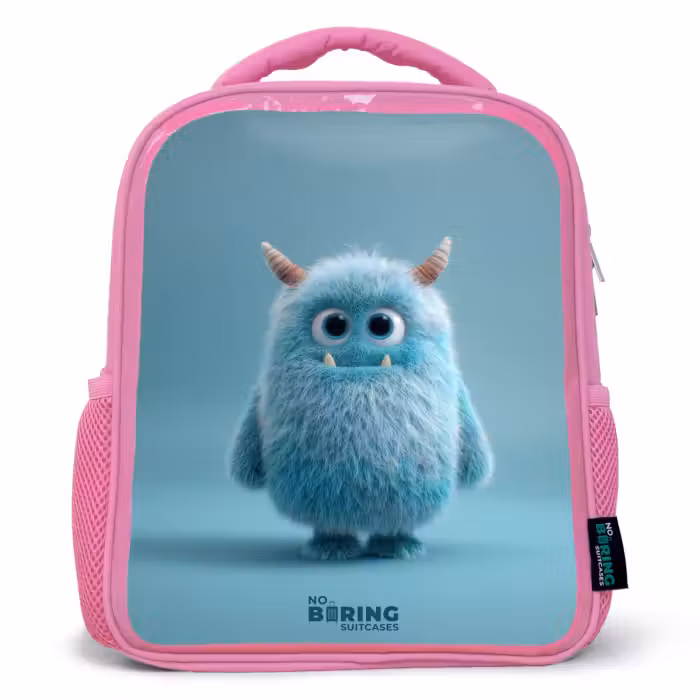 Kids backpack - Pink - Blue fluffy monster with horns