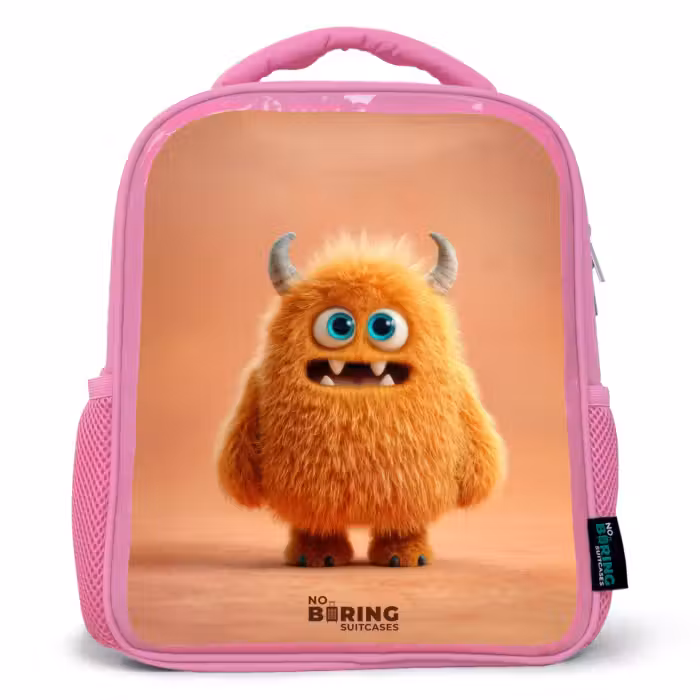 Kids backpack - Pink - Orange Fluffy Monster with Horns