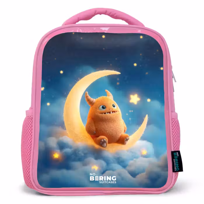 Kids backpack - Pink - Orange monster on crescent moon