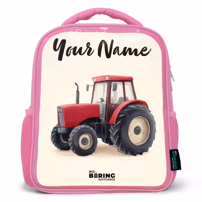 Kids backpack with name - Pink - Tractor - Signed - Red