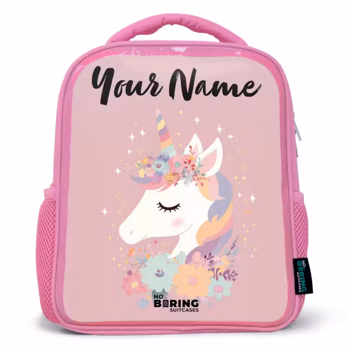 Kids backpack with name - Blue - Unicorn - Pink - Flowers