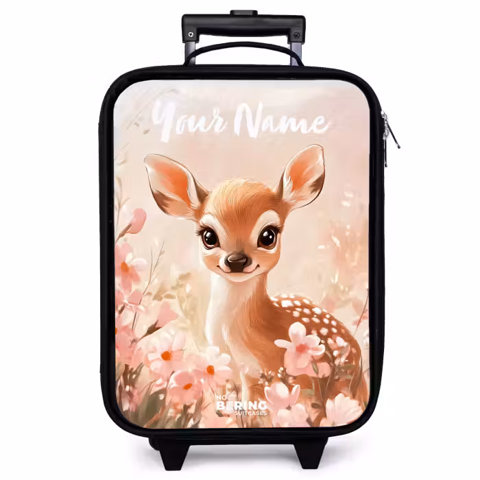 Children's suitcase with name - Deer - Flowers - Dots - Pink