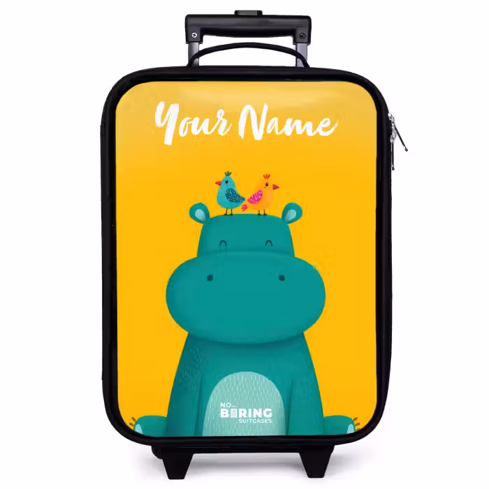 Children's suitcase with name - Hippo - Birds - Yellow