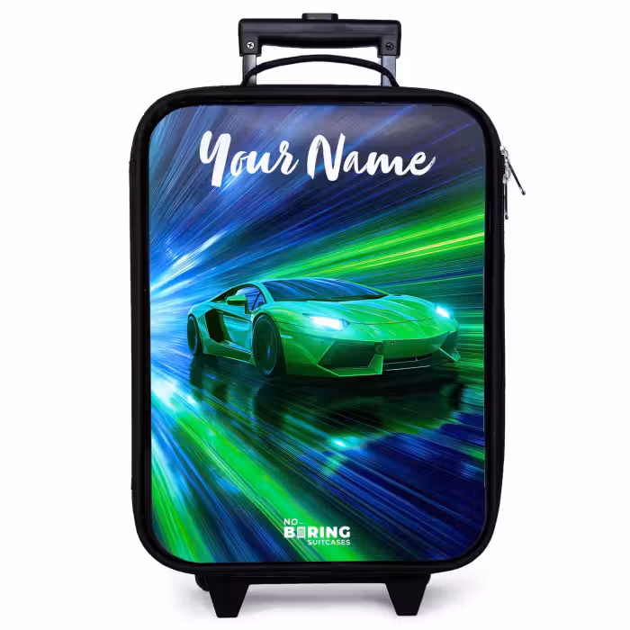 Children's suitcase with name - Sports car - Green - Speed Lines - Neon