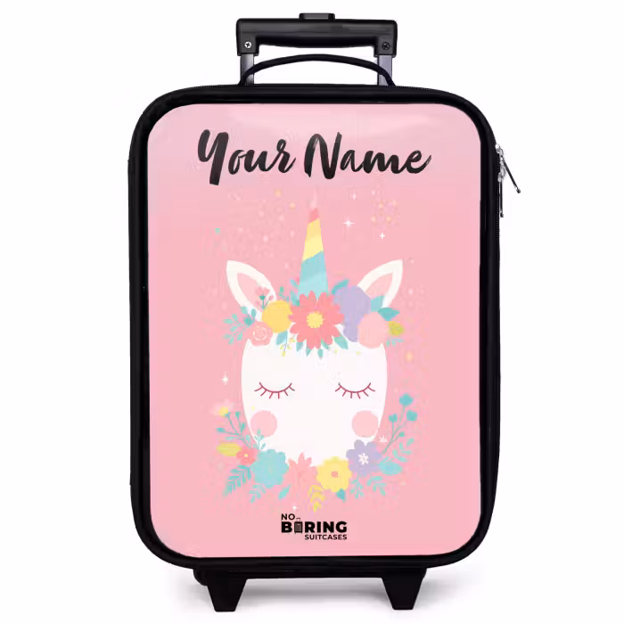Children's suitcase with name - Unicorn - Flowers - Pink