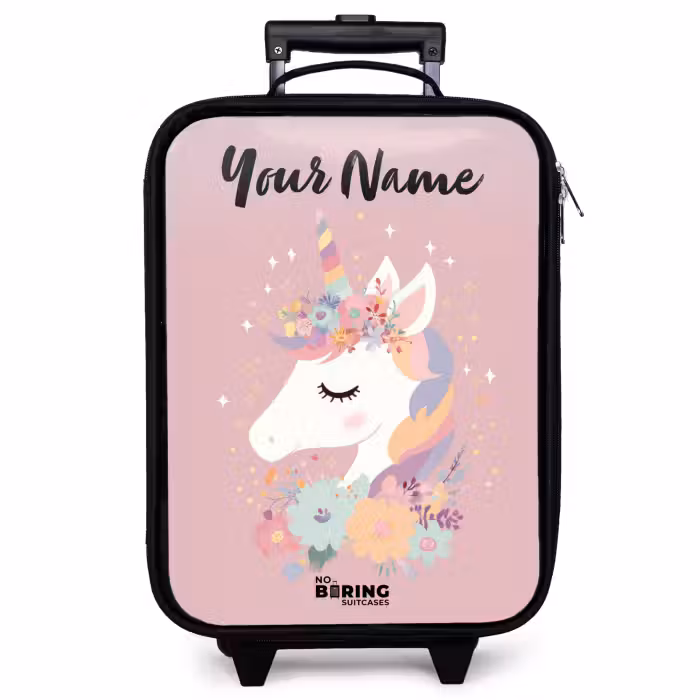 Children's suitcase with name - Unicorn - Pink - Flowers