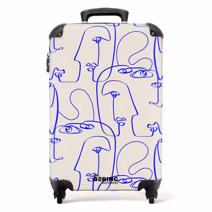 Suitcase - Faces in blue line on beige background