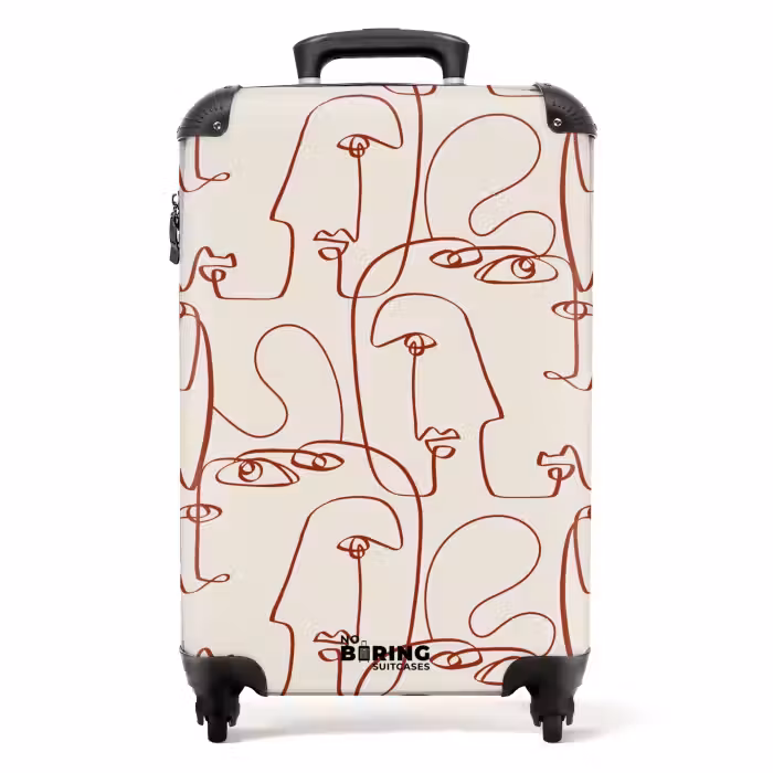 Suitcase - Faces in dark red line on beige background