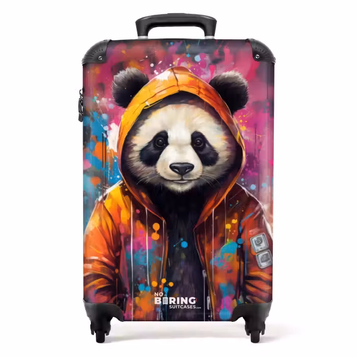 Suitcase - Panda with Orange Jacket and Paint Splatters