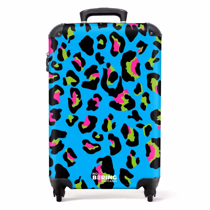 Suitcase - Panther pattern in neon colors on blue background