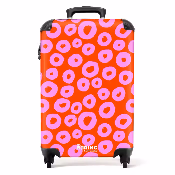 Suitcase - Pink circle pattern with heart filling on red