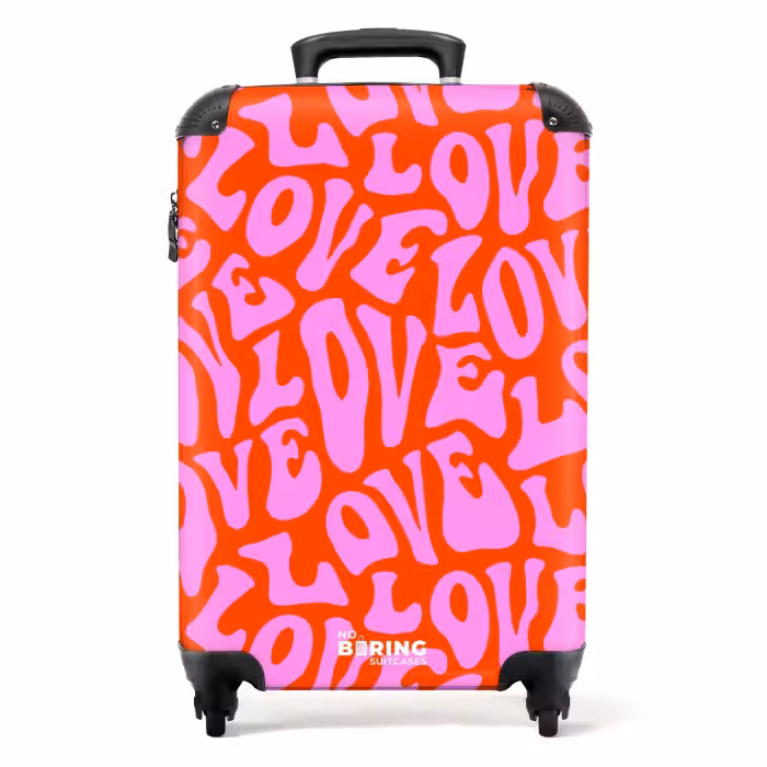 Suitcase - Repeating 'LOVE' pattern in pink on red