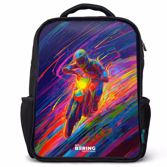 Kids backpack - Black - Cross bike - Neon colors - Lines - Helmet