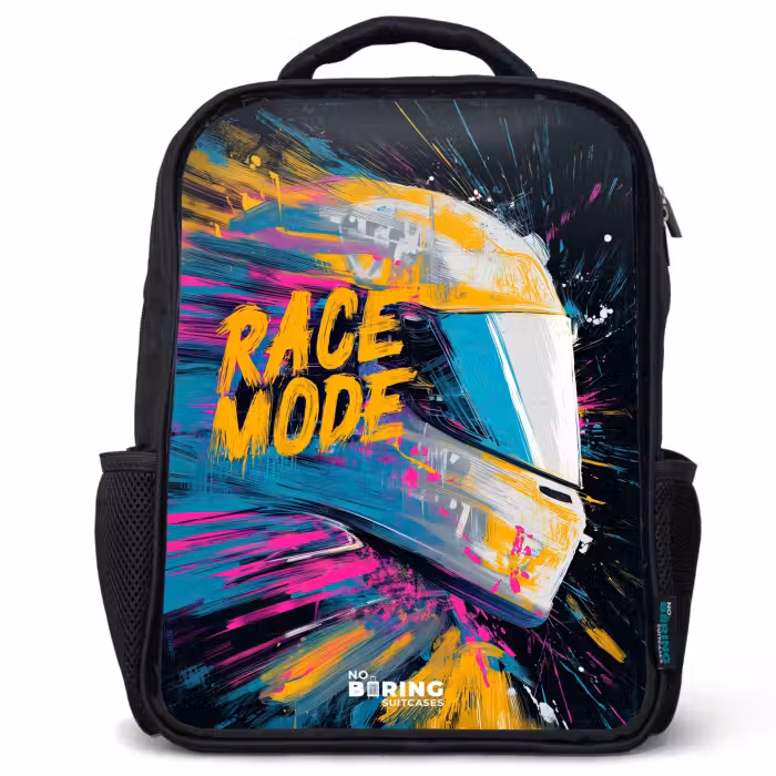 Kids backpack - Black - Racing helmet - Paint splashes - Brush strokes - Racing fashion