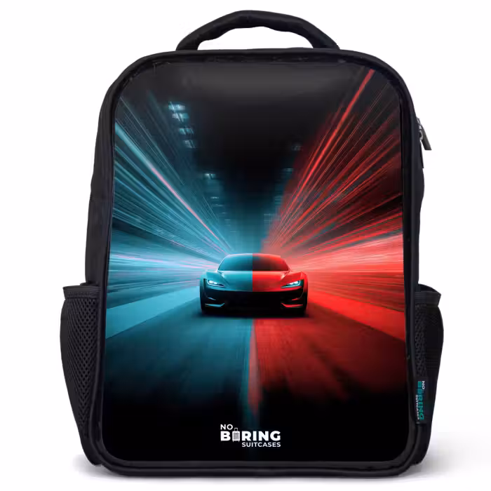 Kids backpack - Black - Sports car - Beams of light - Neon - Blue