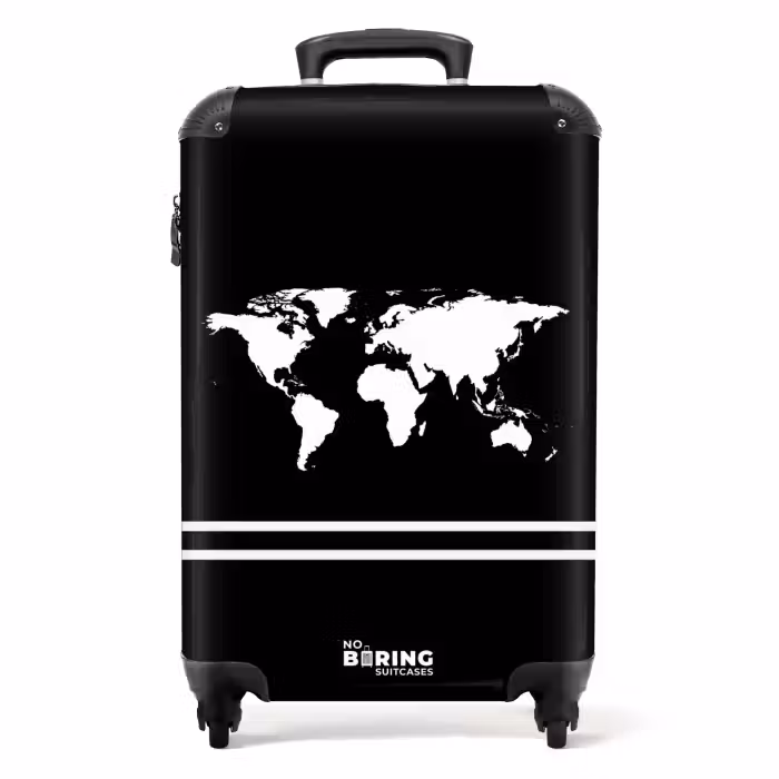 Suitcase - Black background with white world map and double stripe at bottom