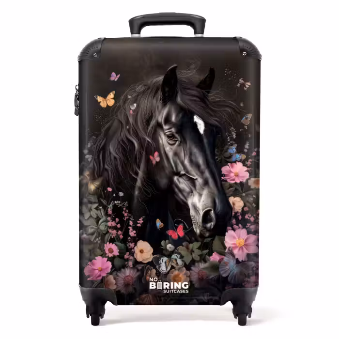 Suitcase - Black horse with white blaze and colorful flowers