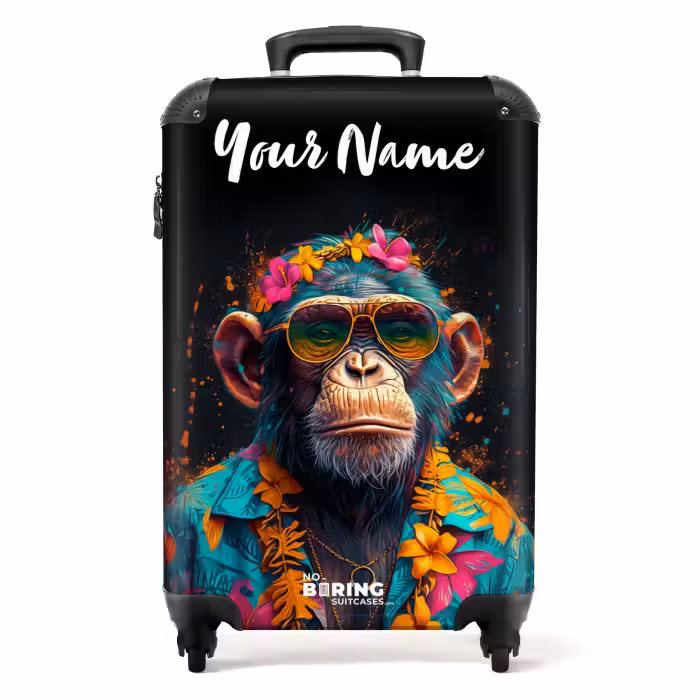 Suitcase with name - Chimpanzee with Hawaii Blouse