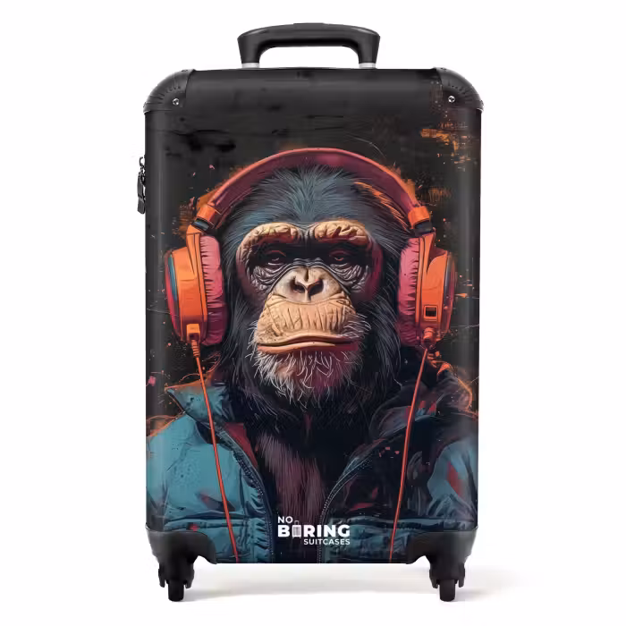 Suitcase - Chimpanzee with headphones and blue coat