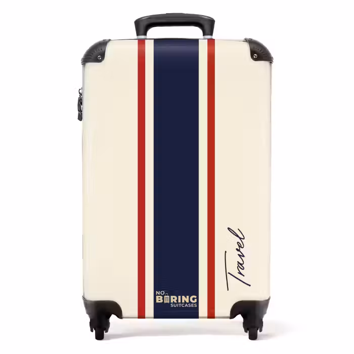 Suitcase - Cream background with central tricolor stripe and text Travel