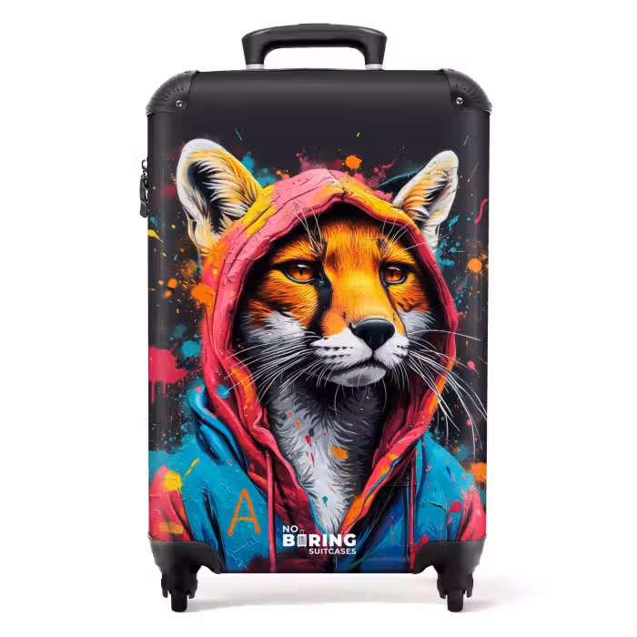 Suitcase - Fox with pink and blue coat and paint splatters