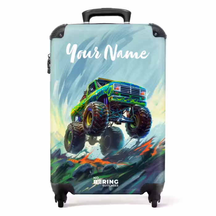 Suitcase with name - Green Monster Truck with Brushstrokes
