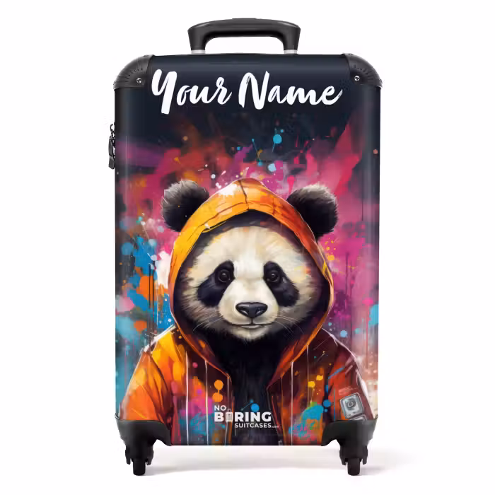Suitcase with name - Panda with Orange Jacket and Paint Splatters