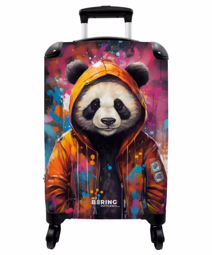 Suitcase - Panda with Orange Jacket and Paint Splatters