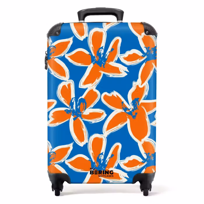 Suitcase - Pastel flowers - Orange with blue