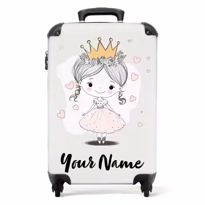 Suitcase with name - Princess with crown and pink hearts