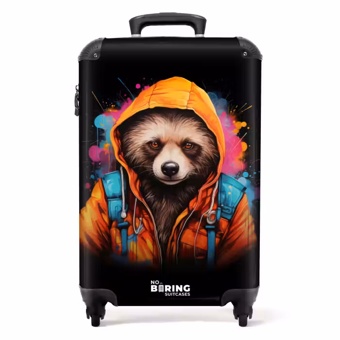Suitcase - Raccoon with orange coat and paint splatter